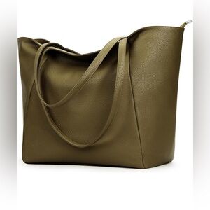 Olive green large vegan leather tote handbag.